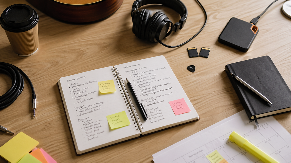 Notebook with procurement records and headphones on a desk