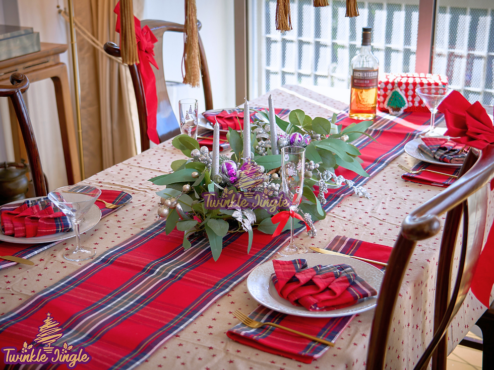 Traditional Red Plaid Cloths, Green Candle Holder Centre Piece