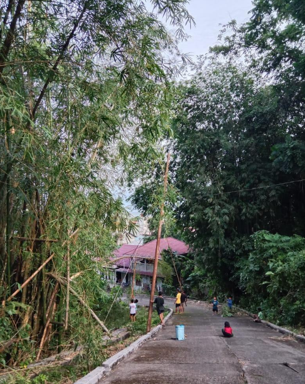 children at yayasan harapan hari esok help clear the road leading up to the estate so their minibus will not skid