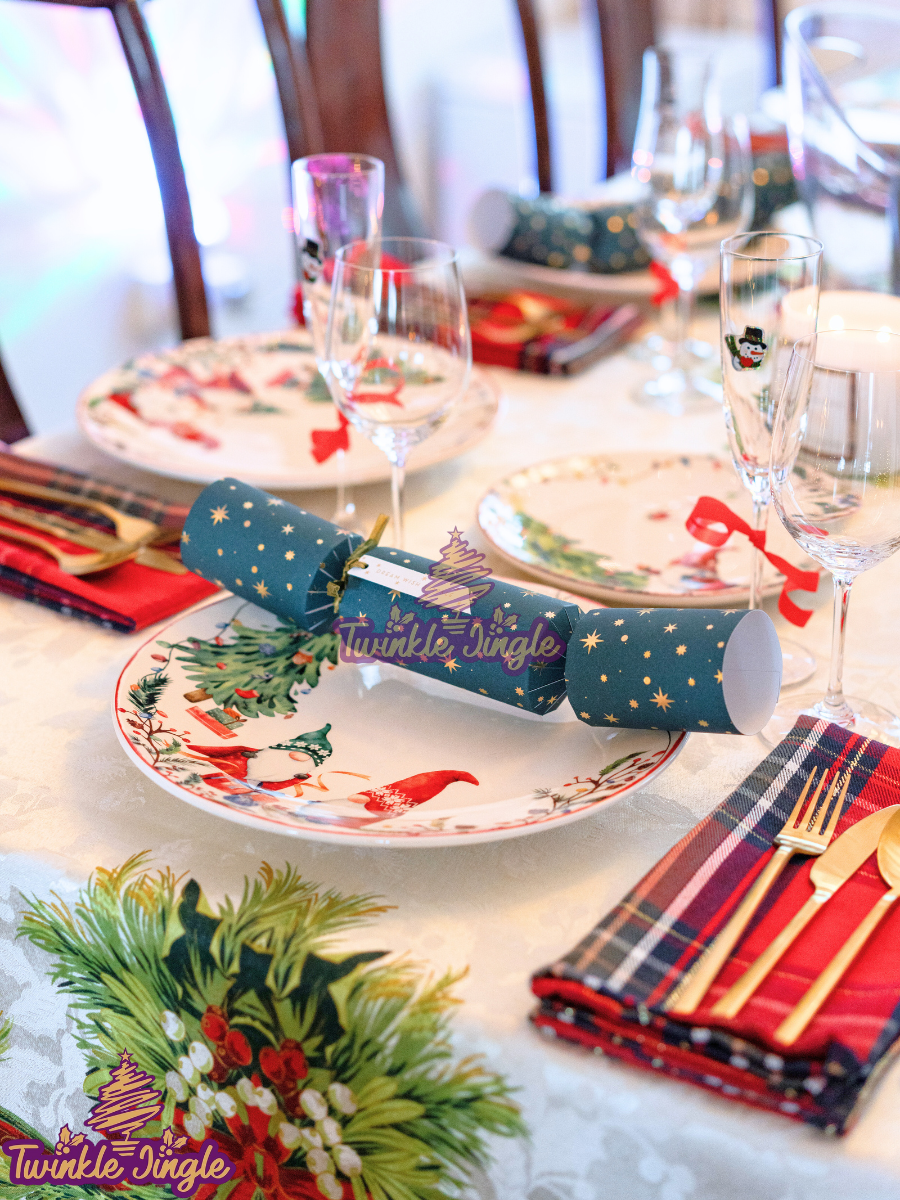 Festive Table Cloths, Plates, Placemats, Utensils, Wine Glasses, Gift Poppers