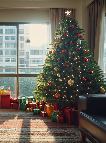 client's cosy living room with half-decorated red gold baubles in a Christmas tree, with hand wrapped presents