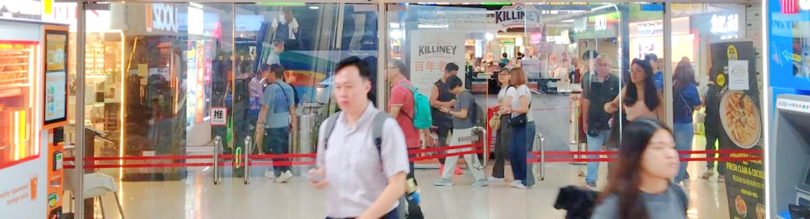Singapore CBD shopping mall with fairylights and hanging floral garlands decorating the entrance overhead for christmas ambience