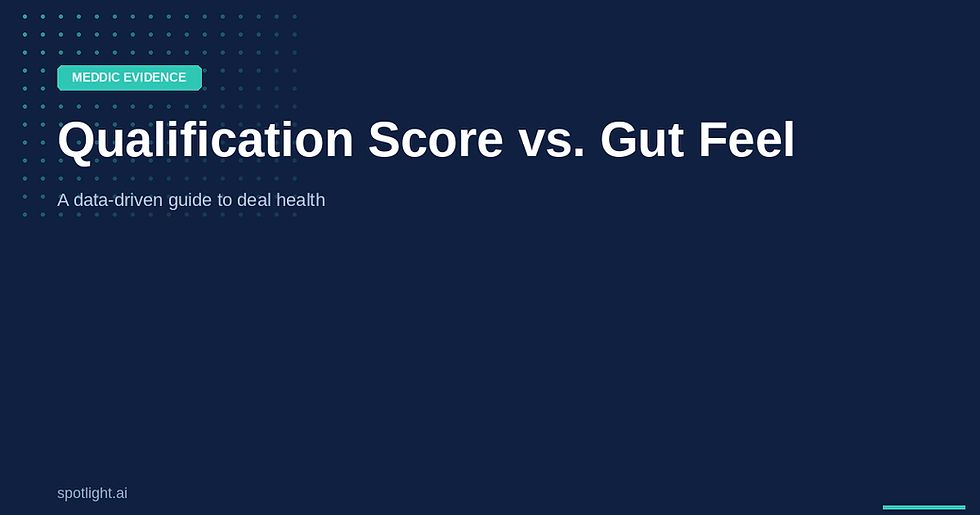 Dimension Gut Feel Evidence Score
Basis Rep experience and intuition Documented qualification signals
Transferability Non-transferable Fully transferable and comparable
Bias risk High Low with automated extraction
Coaching utility Low High — surfaces specific gaps
Portfolio accuracy Variable Consistently predictive over deal cohorts