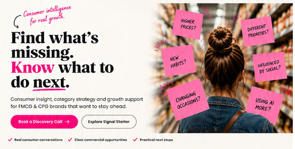 Woman in supermarket aisle with pink sticky notes analysis