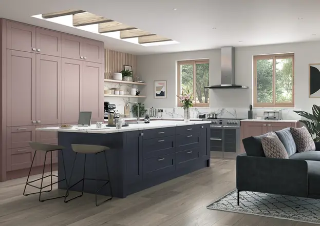 Madison kitchen in Vintage Pink and slate blue
