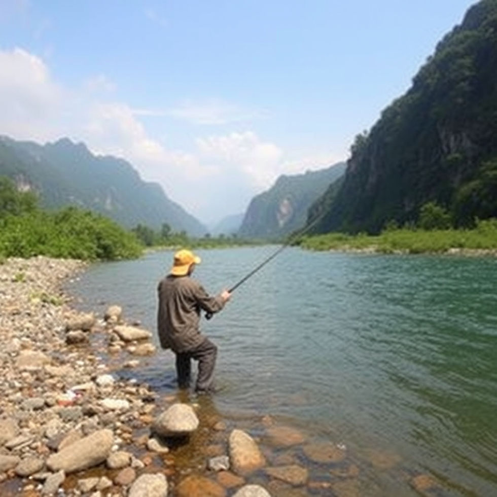 Person fly fishing in a New Hampshire river with mountains in the background