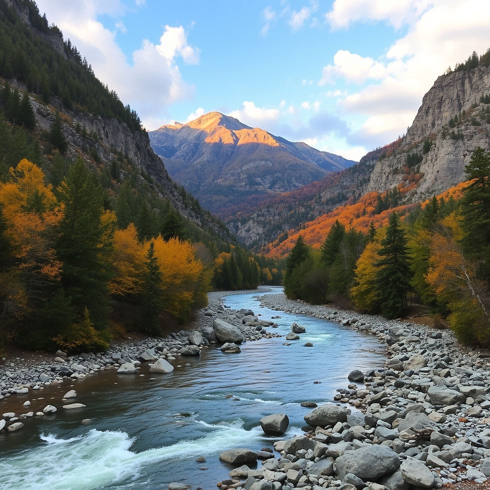 Mountain valley in New Hampshire’s White Mountains with a river, fall foliage, and rocky cliffs