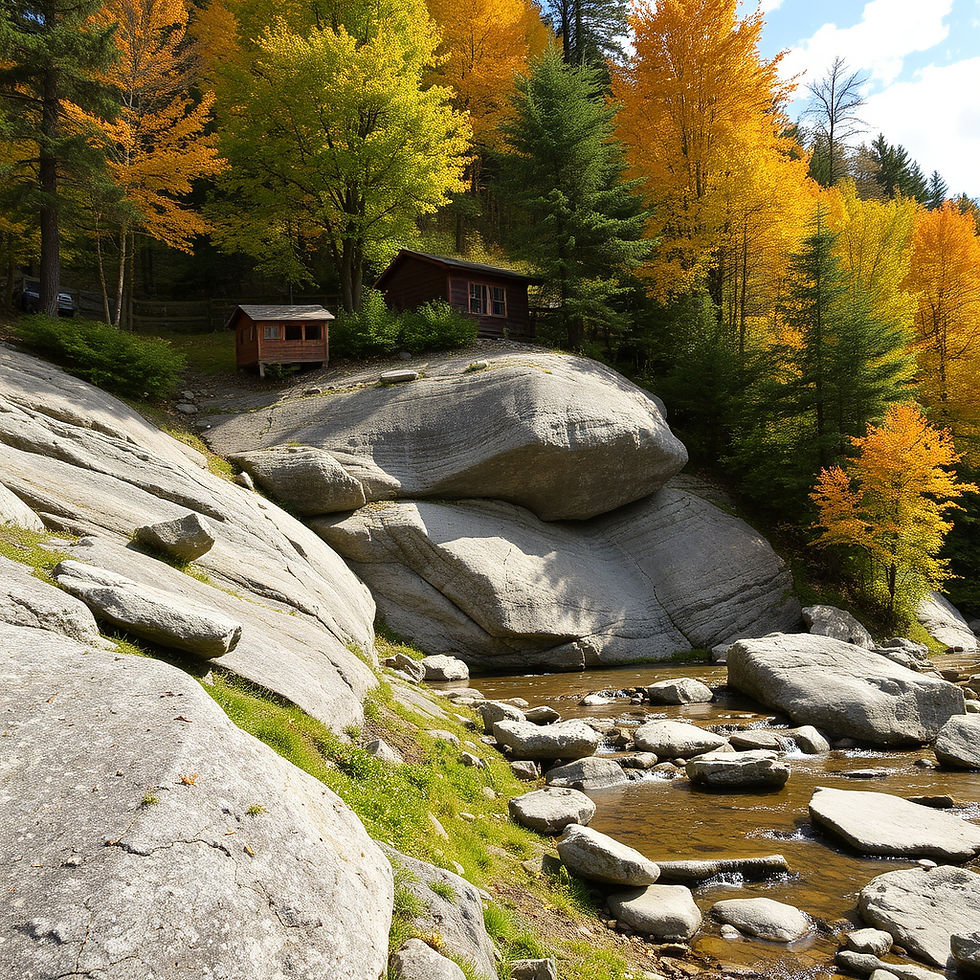 Cabin on granite rock surrounded by fall foliage in the White Mountains of New Hampshire