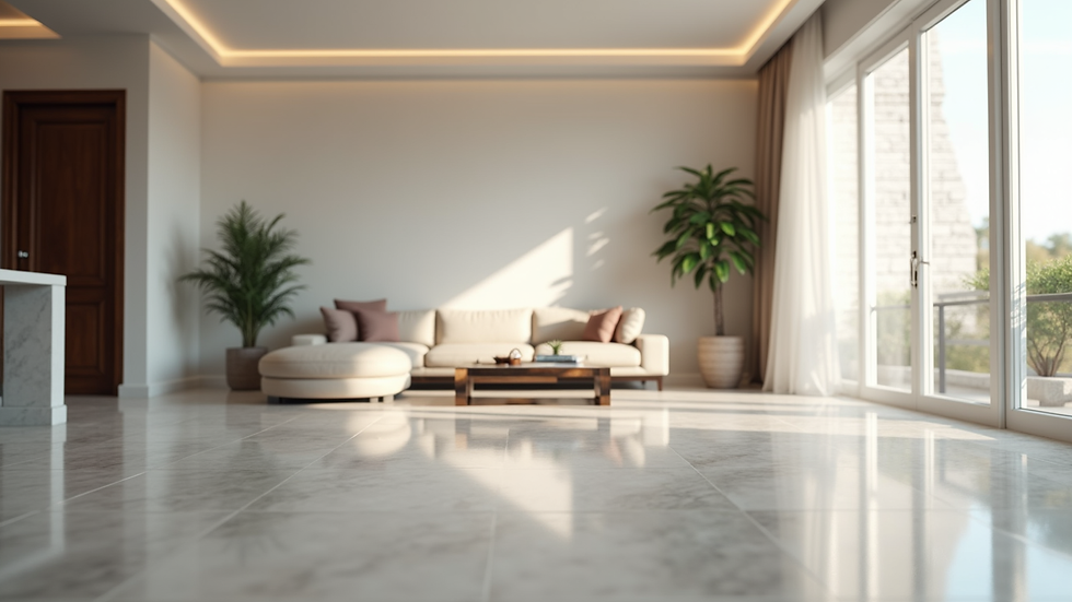 Eye-level view of a pristine living room with polished surfaces and sparkling floors