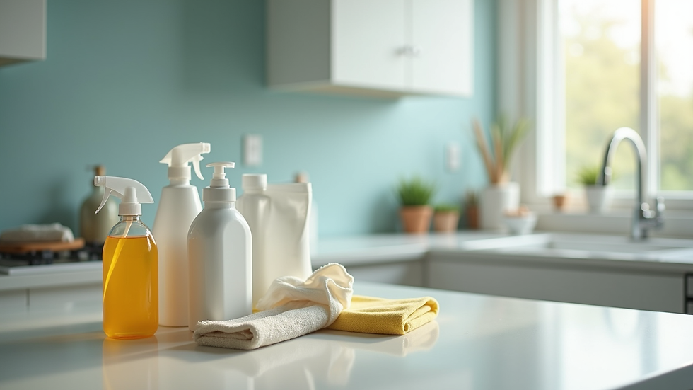 Close-up view of cleaning supplies arranged neatly on a countertop