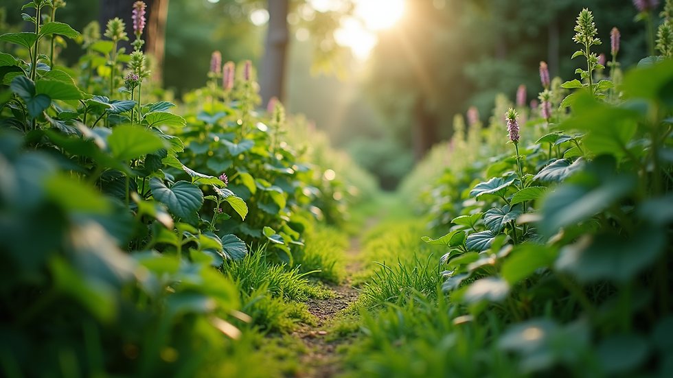 Eye-level view of a lush green garden with diverse plants