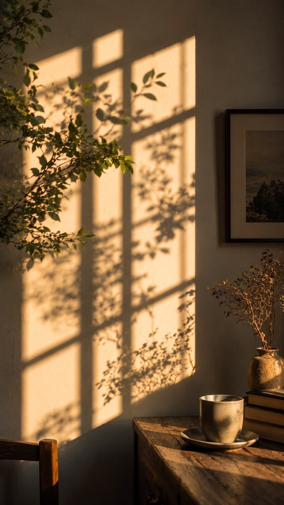 Warm evening light casting window and leaf shadows on a wall