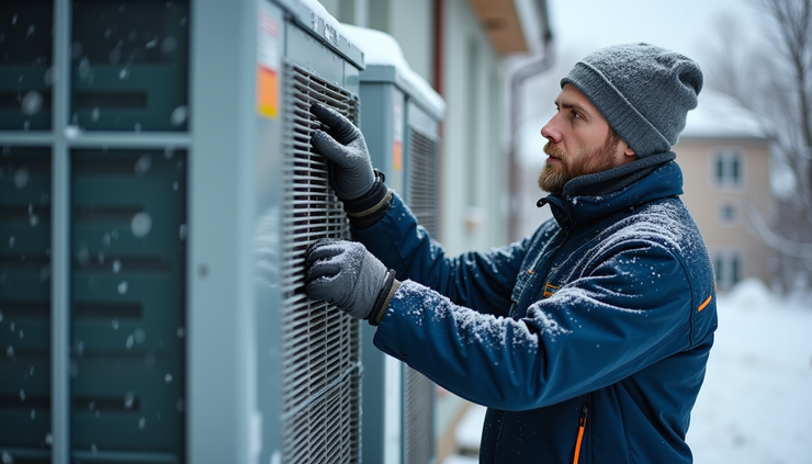 Close-up view of a technician inspecting a cold climate heat pump outdoor unit in winter