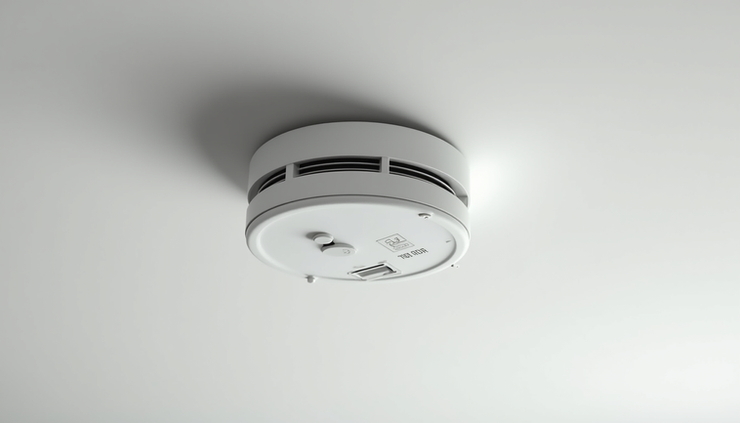 Close-up view of a smoke detector mounted on a ceiling