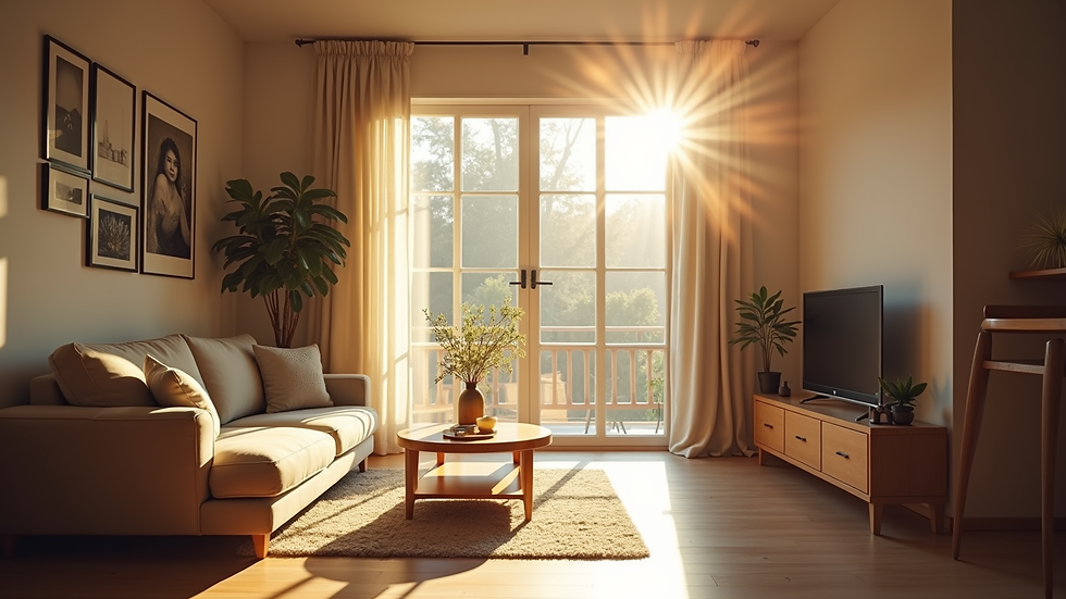 Eye-level view of a living room with open windows and sunlight streaming in