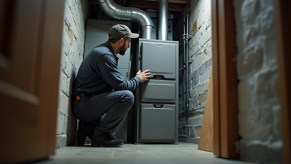 Eye-level view of a technician inspecting a furnace in a residential basement