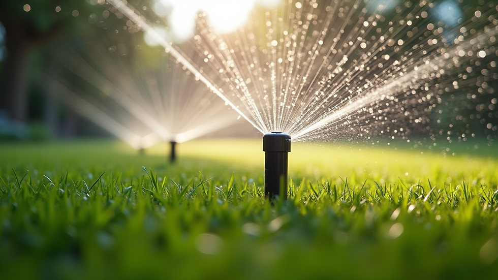 Eye-level view of a modern irrigation sprinkler system watering a green lawn