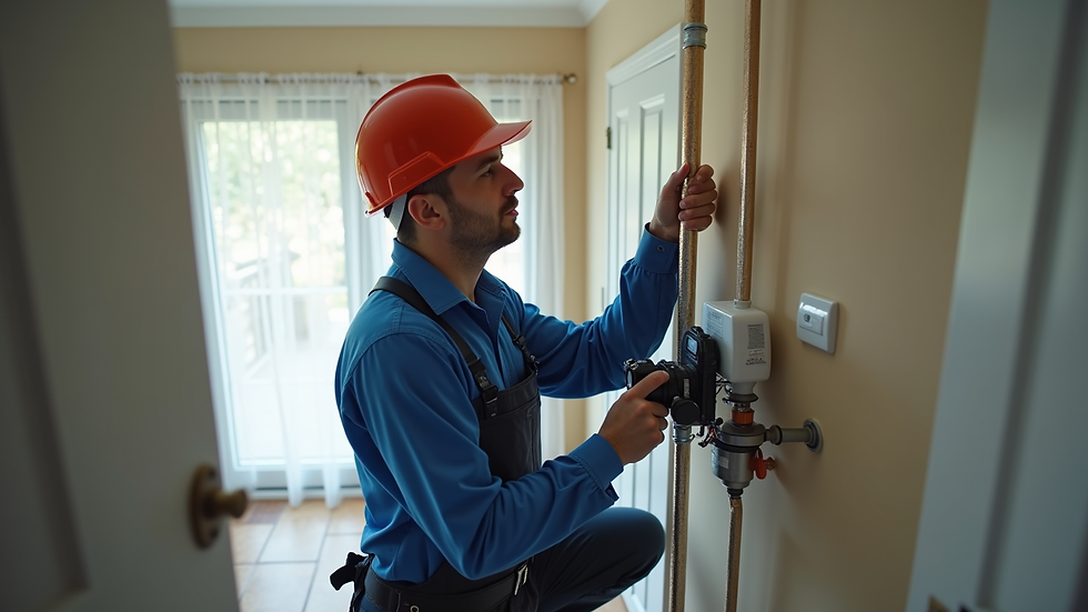 High angle view of a technician installing a water filtration system in a residential home