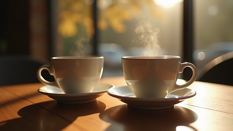Close-up view of two coffee cups on a table, symbolizing intimate conversations
