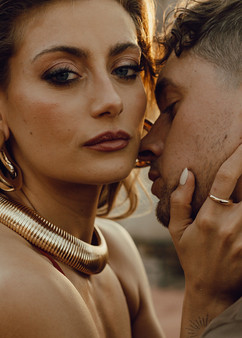 Portraits of a couple during golden hour on a rooftop in Marrakech during their elopement