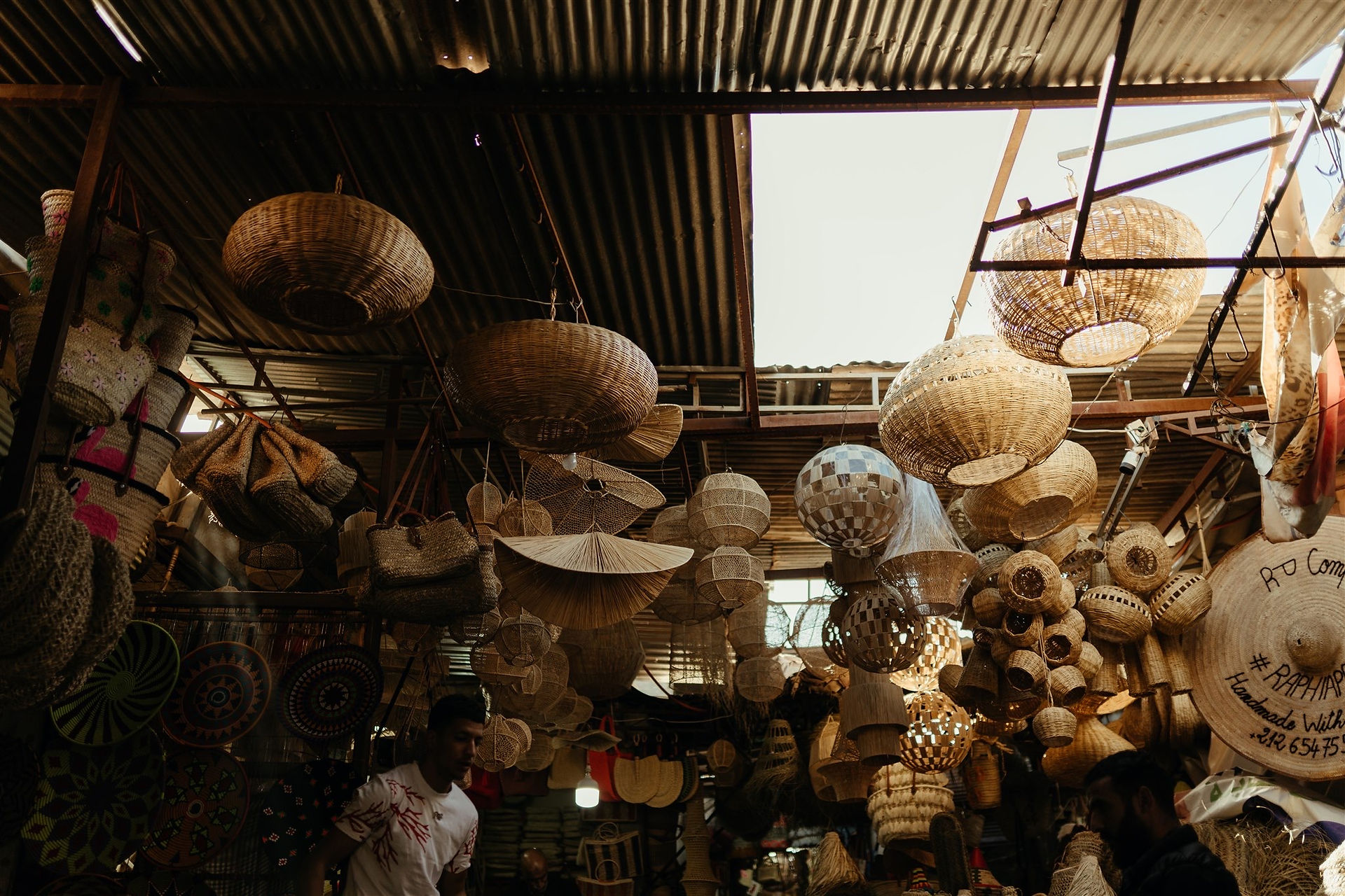 Hanging lanterns inside a local market in Morocco