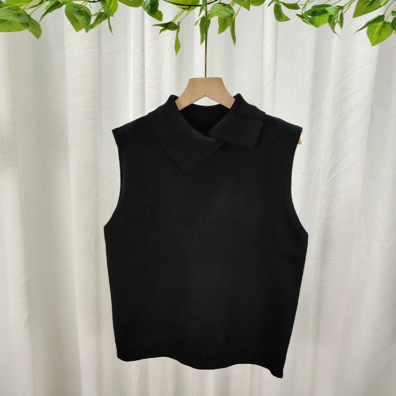 Thumbnail: Autumn Winter Korean Solid Color Lapel Sleeveless Versatile Casual Knitted Vest 