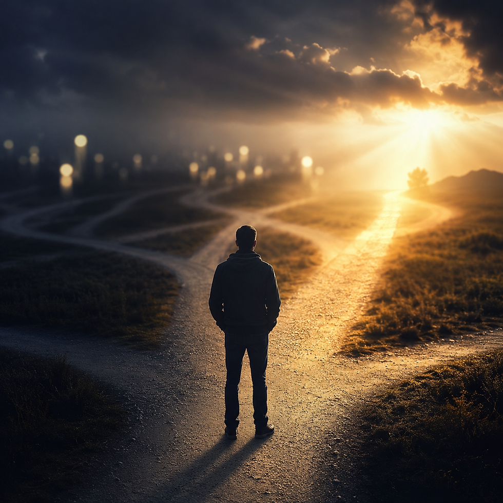 A man at a crossroads considering too many voices competing for his attention.
