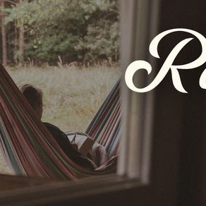 A person resting in a colorful hammock while reading a book outdoors, viewed through a window, symbolizing the peace and spiritual rest found in Christ. The words "Get Some Rest" appear in the upper-right corner.