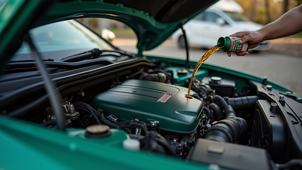 Eye-level view of a car engine with Castrol oil being poured