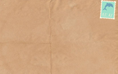 Creased brown kraft paper designed like an envelope with a teal blue dolphin stamp and the word "RELAX" in the upper right corner.