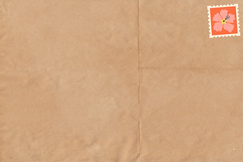 Creased brown kraft paper designed like an envelope with a coral flower stamp in the upper right corner.