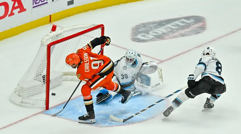 Leo Carlsson scored the overtime winning goal in the Ducks 2024 home opener against the Utah Hockey Club (Mammoth)