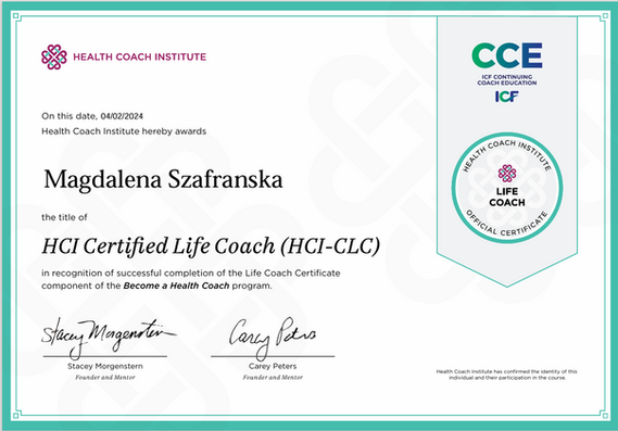 Certificate of Magdalena Szafranska - HCI Certified Life Coach (HCI-CLC) 2024