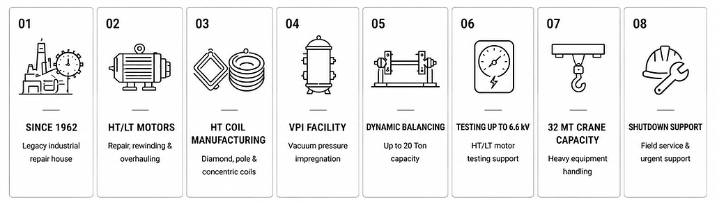 Punjab Electric Industries capabilities: HT/LT motors, HT coils, VPI, balancing, testing, crane handling, shutdown support.