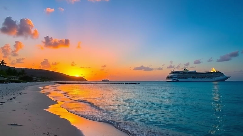 A beach sunset at an all-inclusive resort with an ocean cruise liner in the distance.jpg
