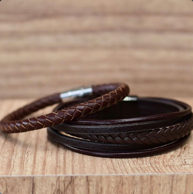 Miniatura: Pulseira de Couro Marrom Trançado
