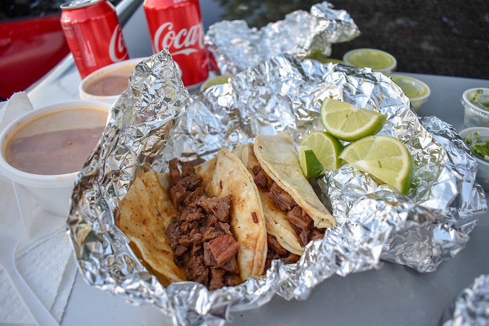 Tortillas brimming with chopped fajita at El Taconazo in Houston, Texas.