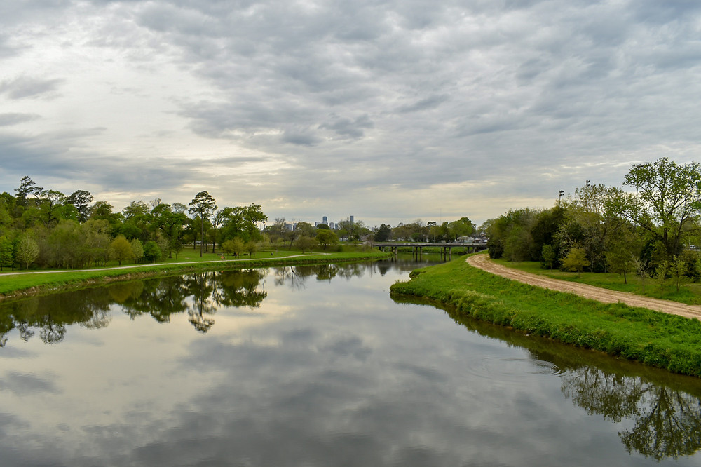 View facing west towards downtown Houston at Brays Bayou in Houston, TX