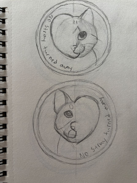A sketchbook page displaying cat and dog badges.