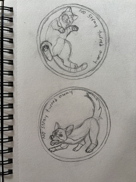 A sketchbook displaying sketches of animal badges.