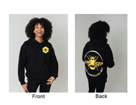 Photos of a woman wearing a black hoodie with a bee graphic on the back.