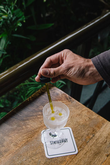 Dirty martini with herb-infused olive oil garnish.