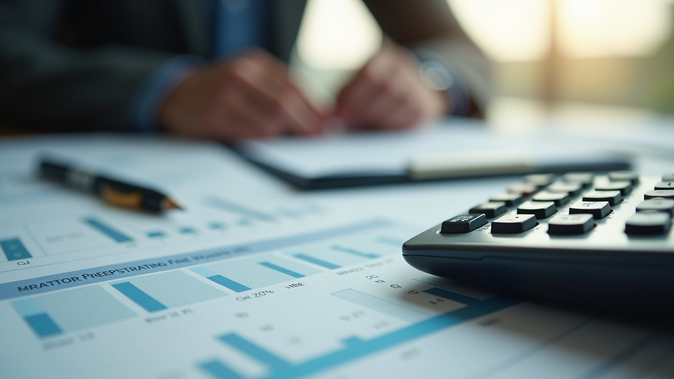 Eye-level view of a calculator and financial documents on a desk