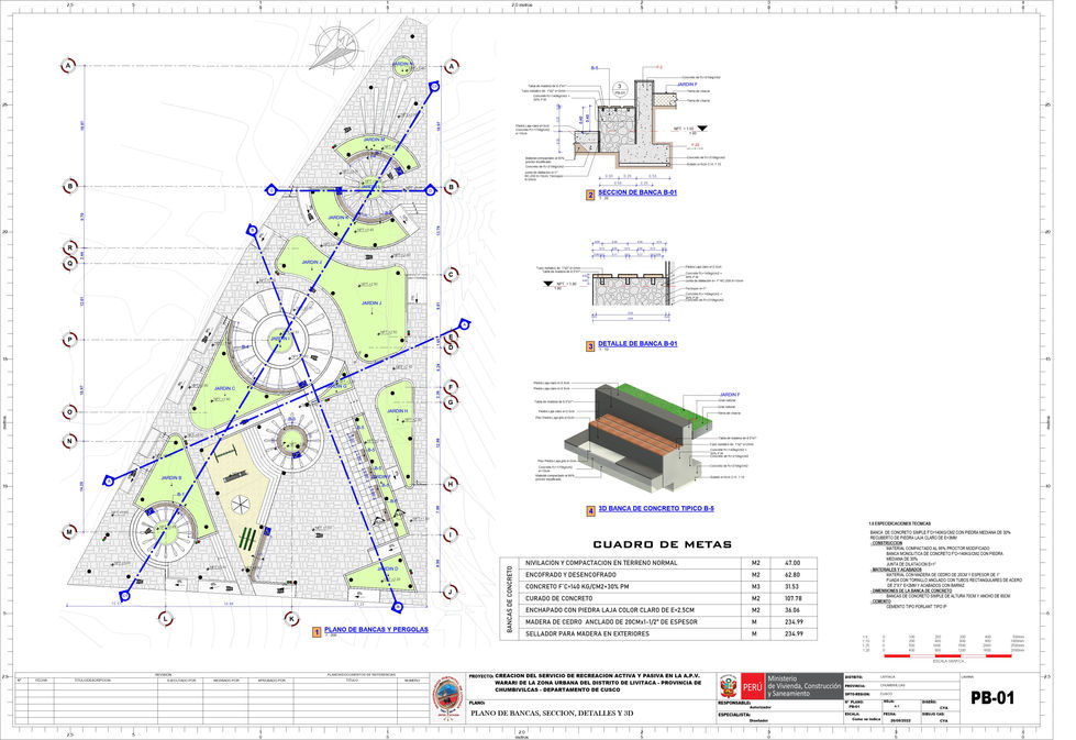 PARQ - Plano - PB-01 - PLANO DE BANCAS, SECCION, DETALLES Y 3D