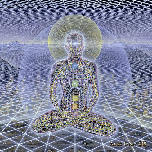 Theologue by Alex Grey, a visionary art piece showing the union of human and divine consciousness.
