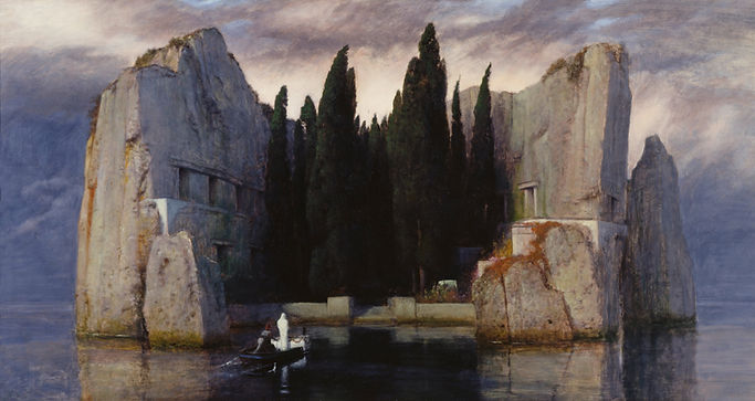 Isle of the Dead by Arnold Böcklin, a famous symbolist painting with a mysterious, dreamlike atmosphere.