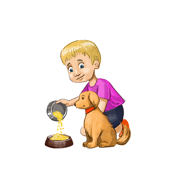 A young boy helps out by feeding a puppy.