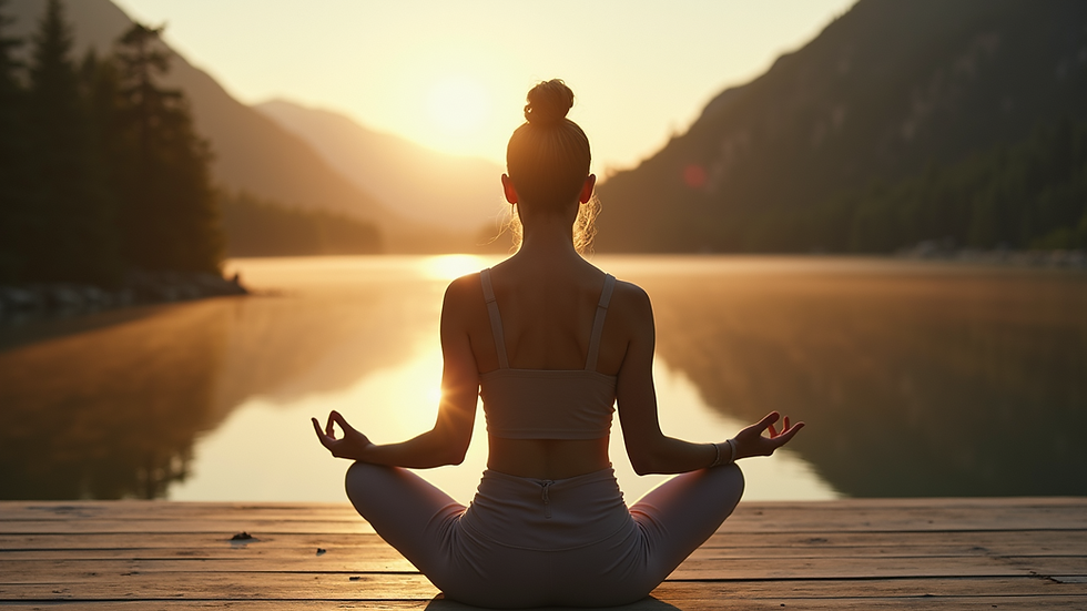 Eye-level view of a person meditating in a serene environment