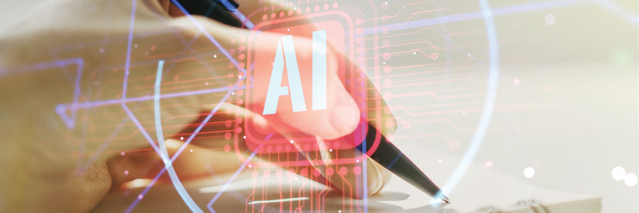 A hand holding a pen over a notebook, overlaid with digital AI and circuit graphics.