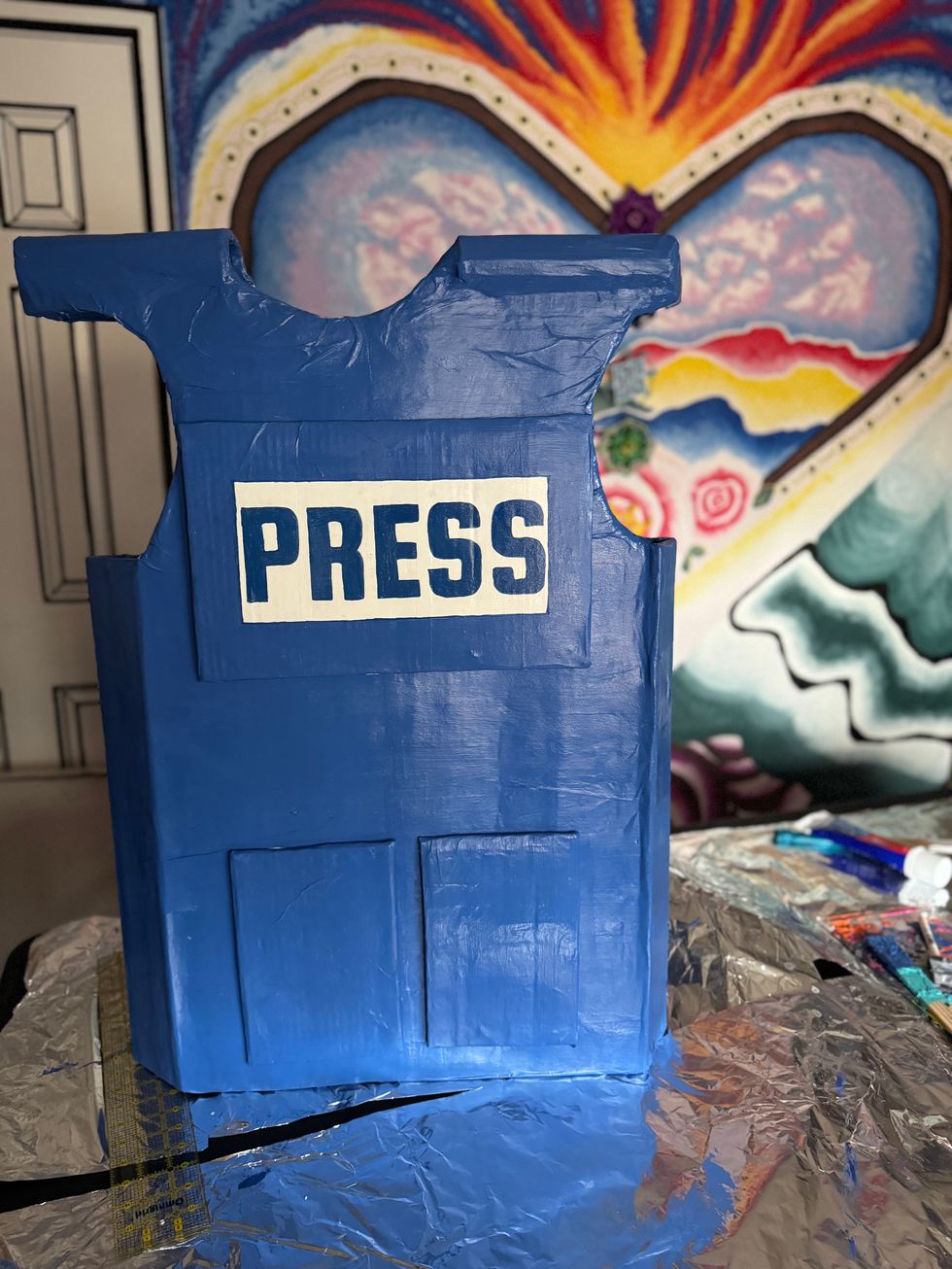Fund the Flotillas Fundraiser with Poets for Palestine 2025
Paper mache Press vest, 2025
